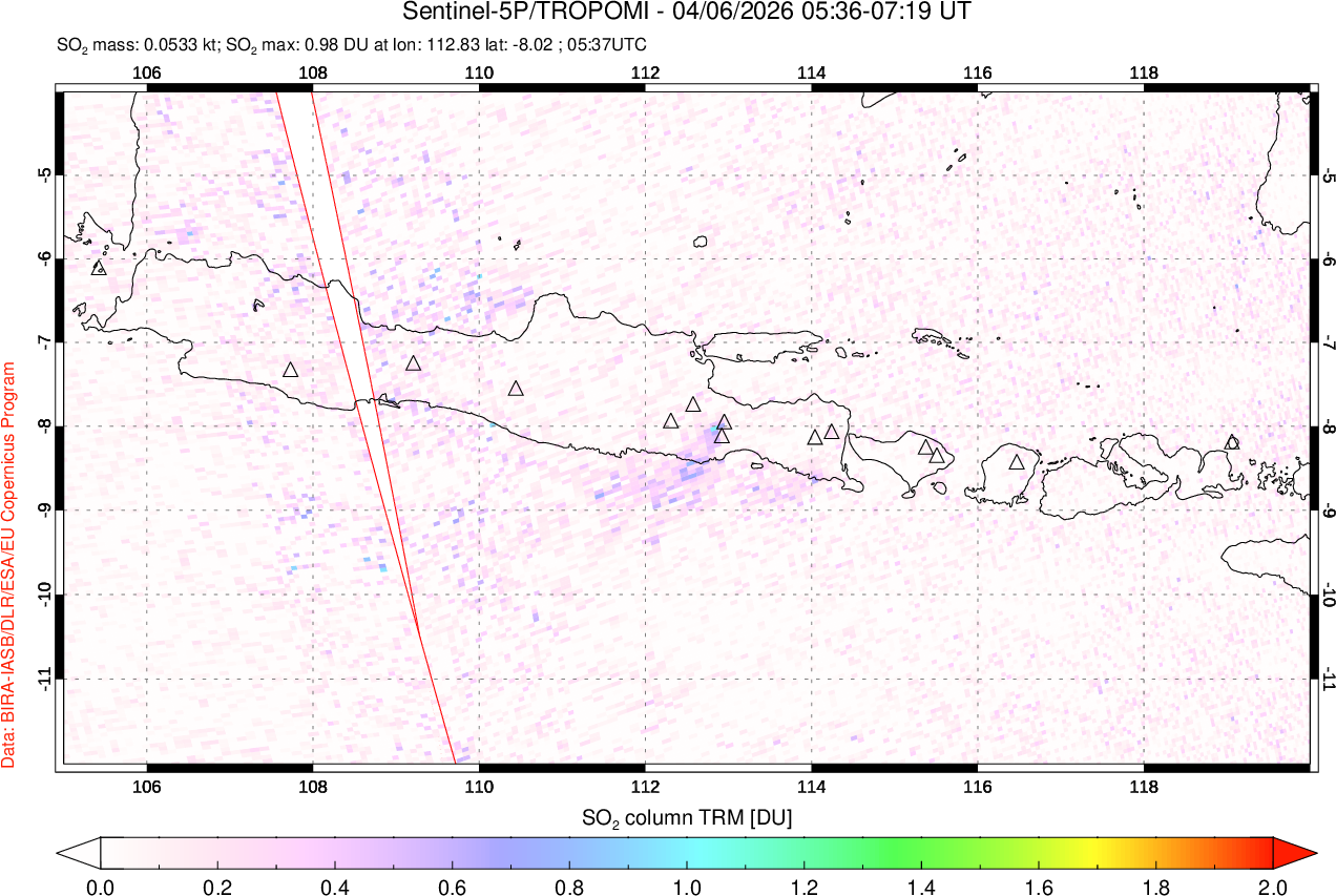 A sulfur dioxide image over Java, Indonesia on Apr 06, 2026.