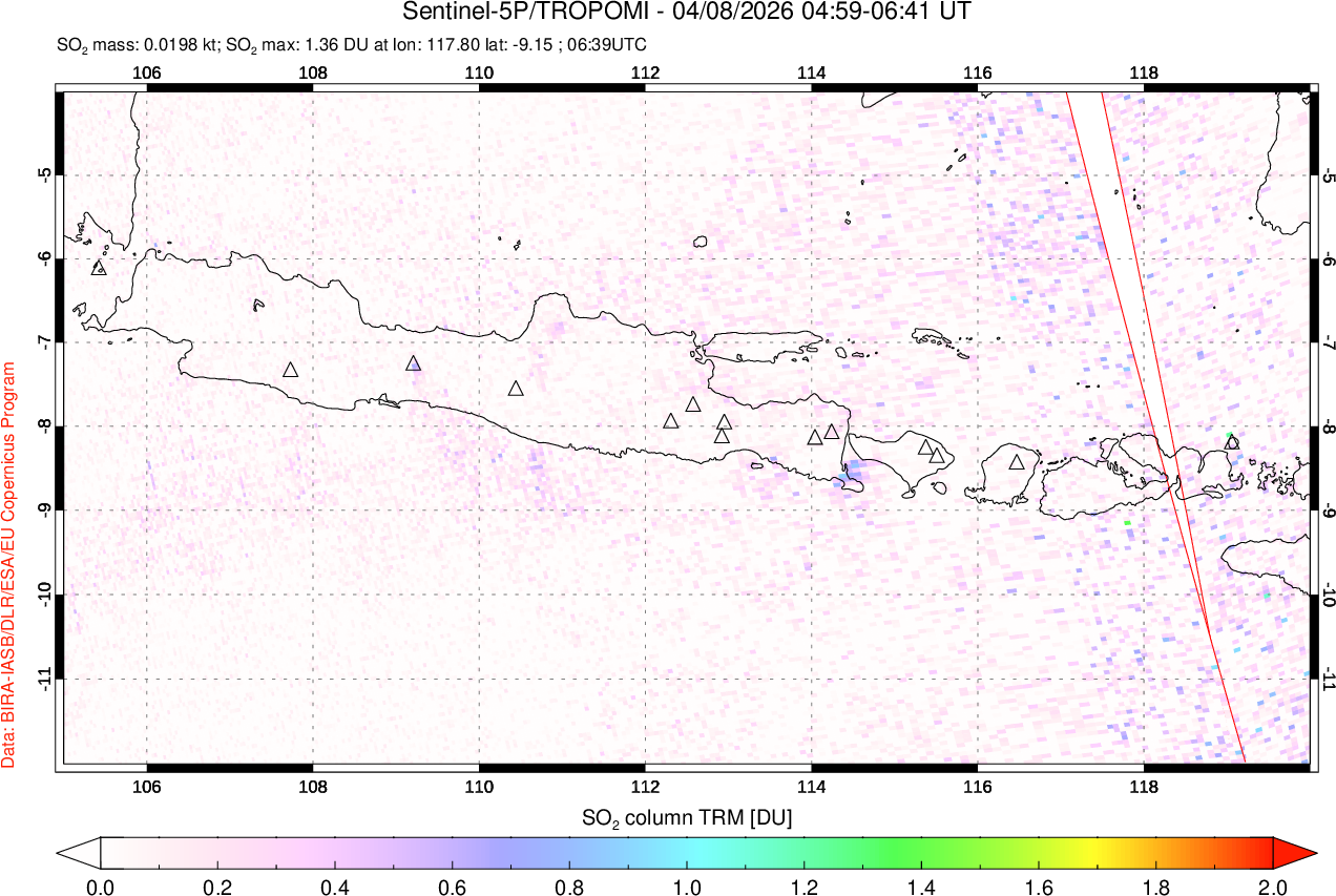 A sulfur dioxide image over Java, Indonesia on Apr 08, 2026.