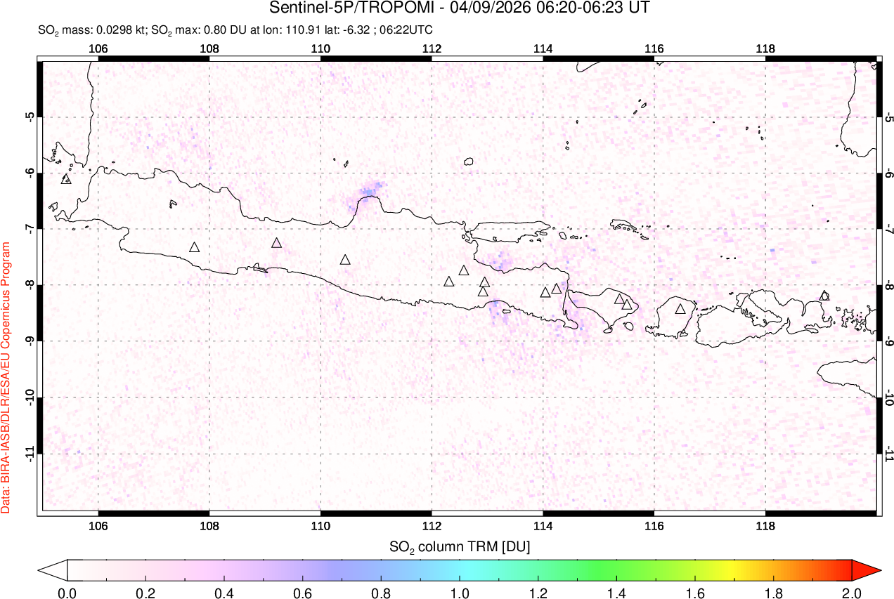 A sulfur dioxide image over Java, Indonesia on Apr 09, 2026.