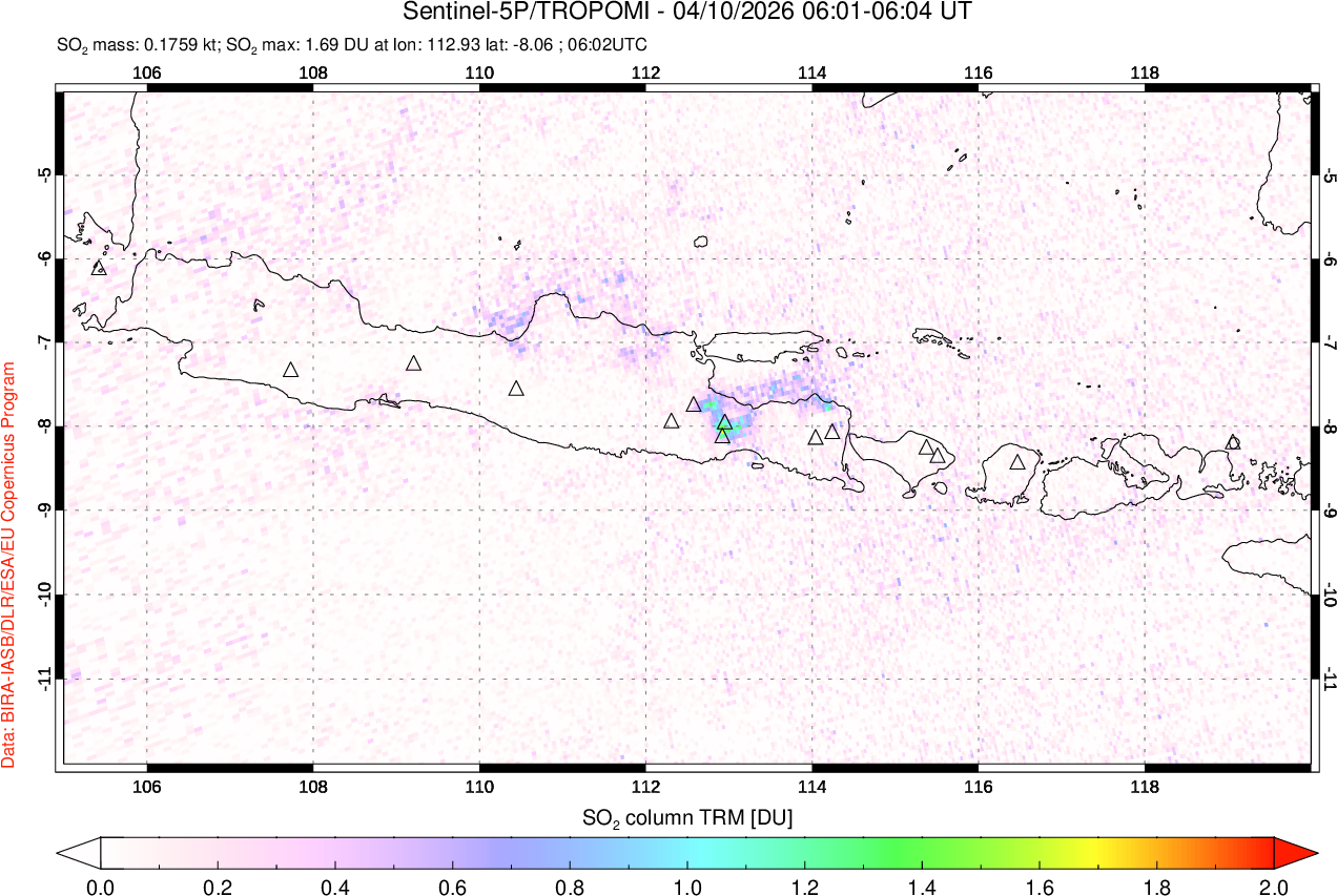 A sulfur dioxide image over Java, Indonesia on Apr 10, 2026.