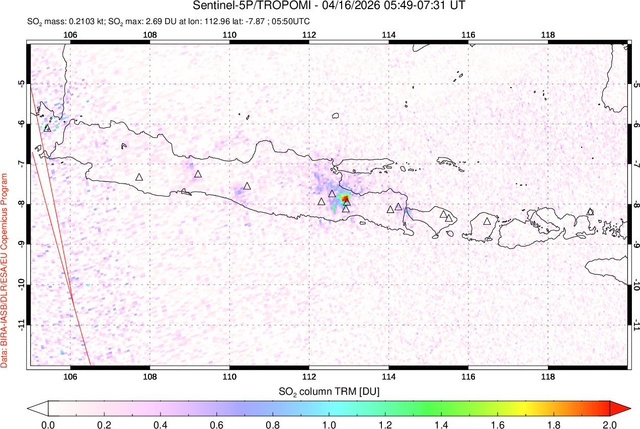 A sulfur dioxide image over Java, Indonesia on Apr 16, 2026.