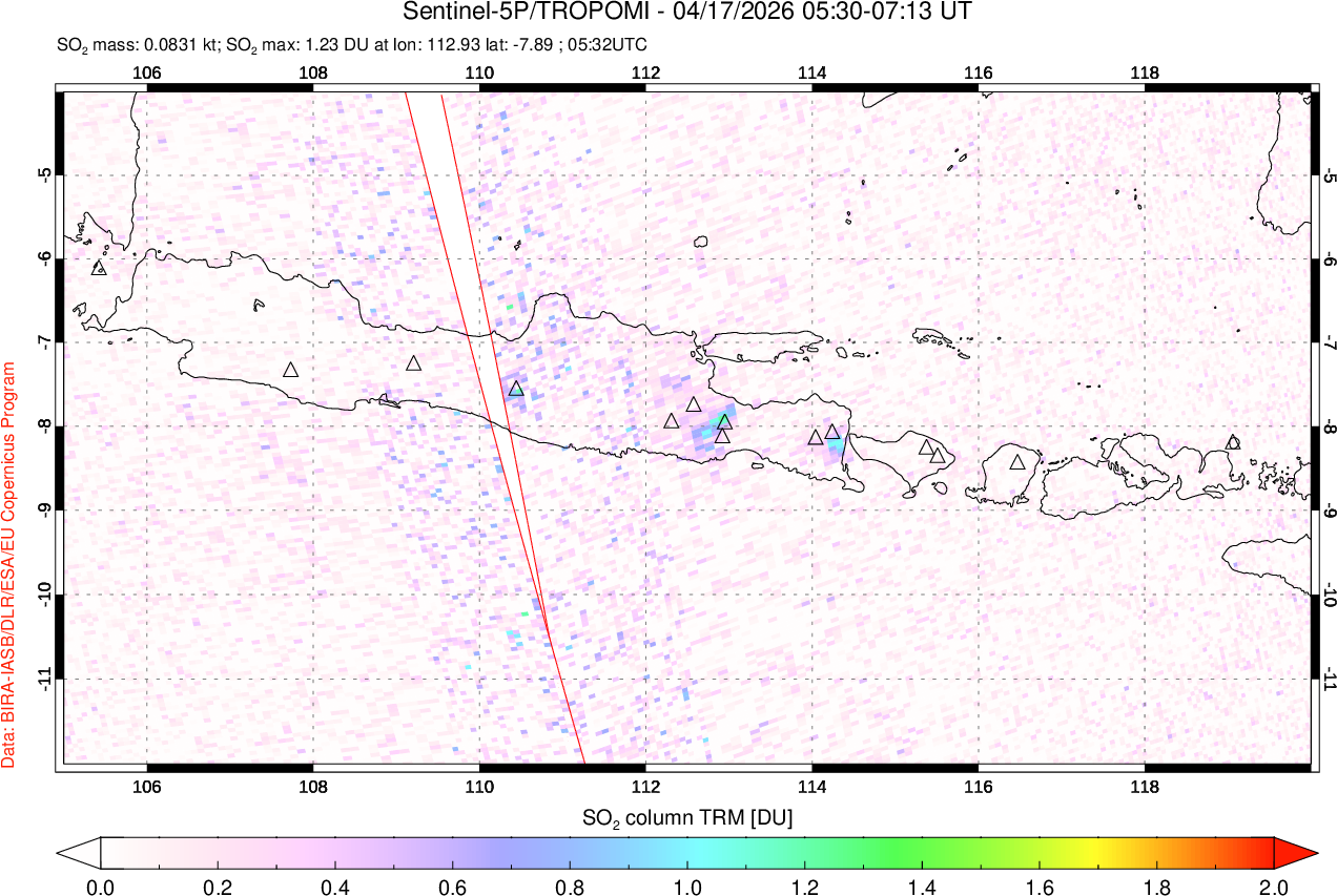 A sulfur dioxide image over Java, Indonesia on Apr 17, 2026.