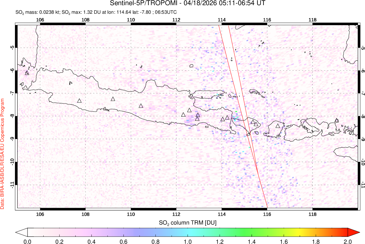 A sulfur dioxide image over Java, Indonesia on Apr 18, 2026.