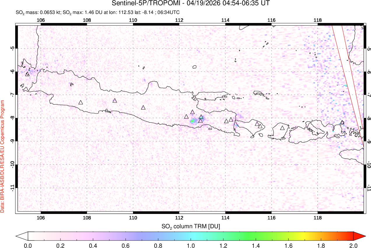 A sulfur dioxide image over Java, Indonesia on Apr 19, 2026.