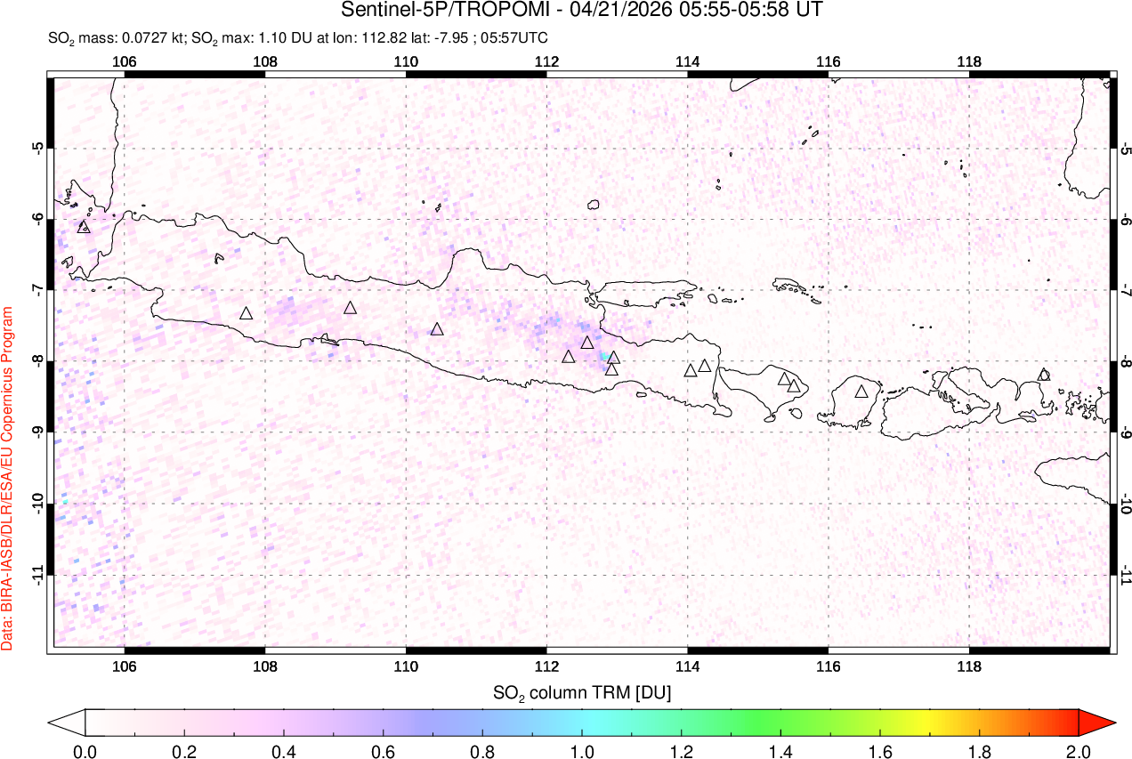 A sulfur dioxide image over Java, Indonesia on Apr 21, 2026.