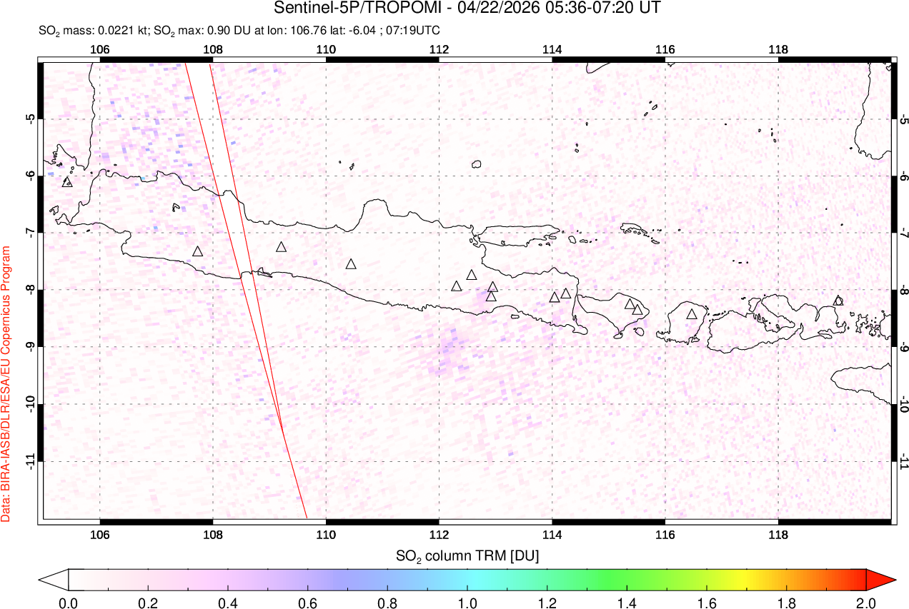 A sulfur dioxide image over Java, Indonesia on Apr 22, 2026.