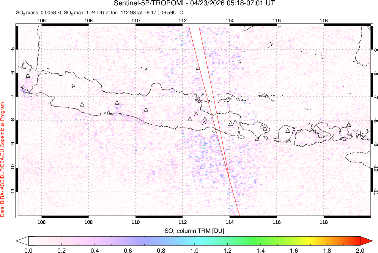 A sulfur dioxide image over Java, Indonesia on Apr 23, 2026.