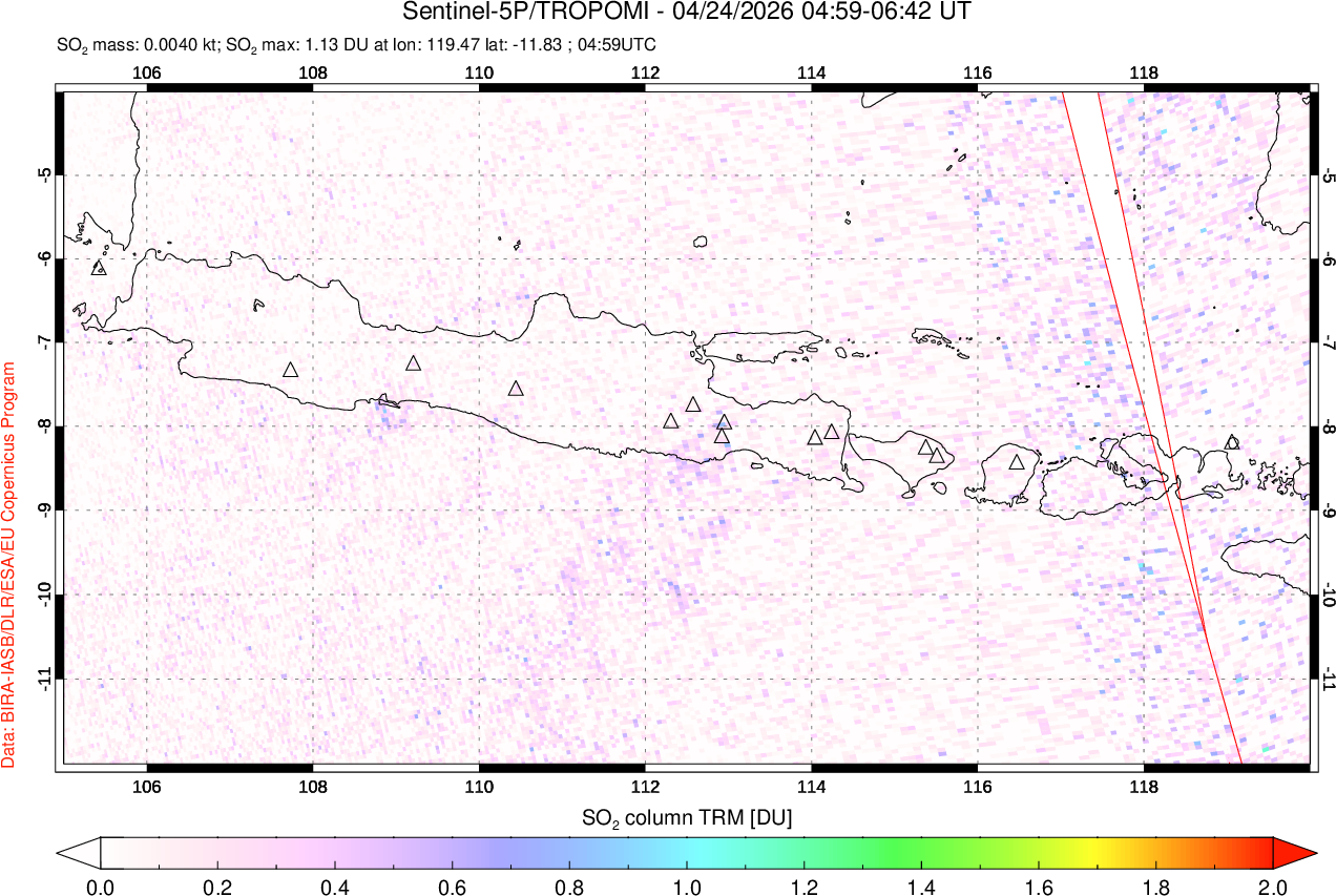 A sulfur dioxide image over Java, Indonesia on Apr 24, 2026.