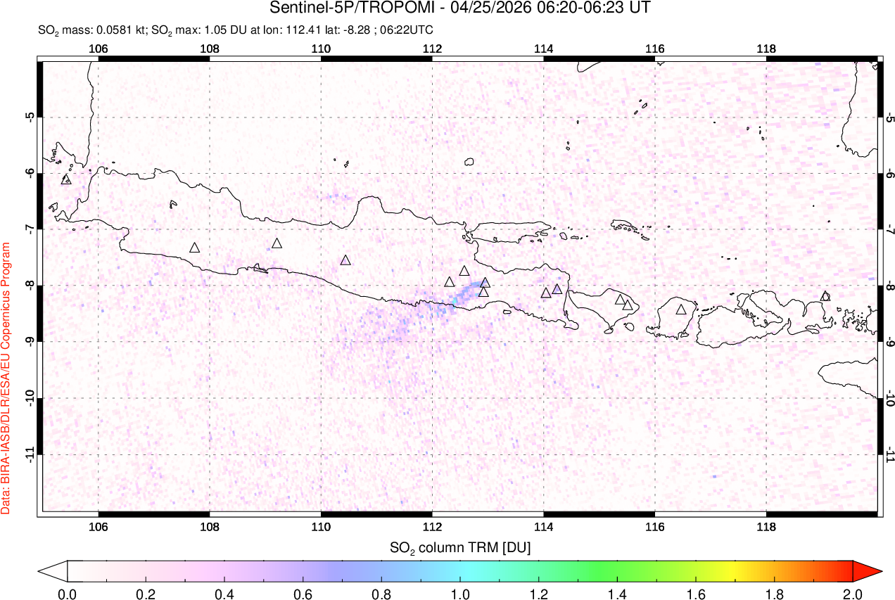 A sulfur dioxide image over Java, Indonesia on Apr 25, 2026.
