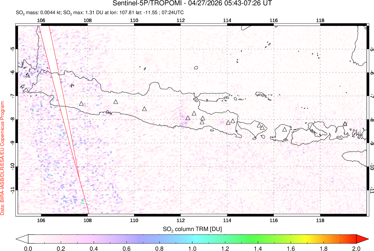 A sulfur dioxide image over Java, Indonesia on Apr 27, 2026.