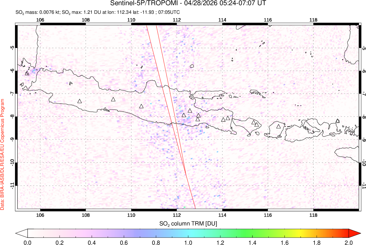 A sulfur dioxide image over Java, Indonesia on Apr 28, 2026.