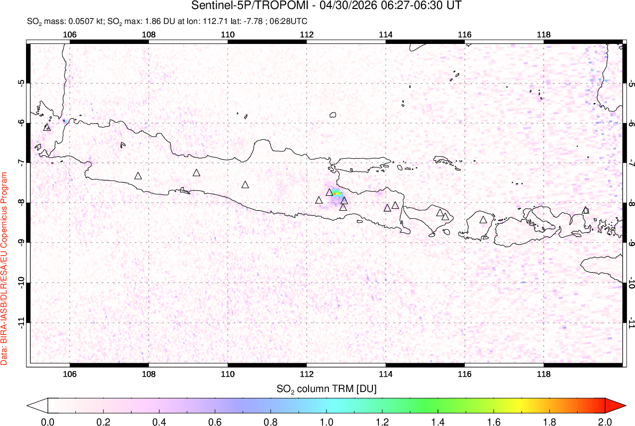 A sulfur dioxide image over Java, Indonesia on Apr 30, 2026.