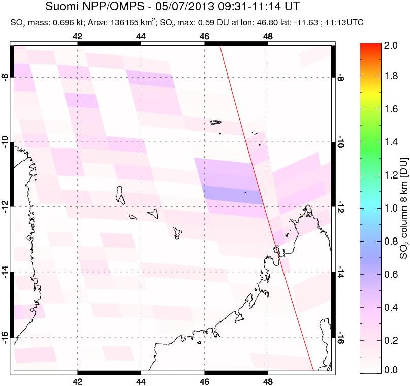 A sulfur dioxide image over Comoro Islands on May 07, 2013.
