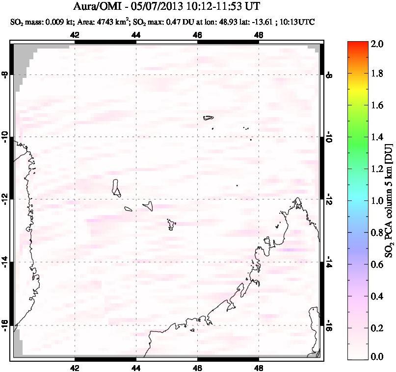 A sulfur dioxide image over Comoro Islands on May 07, 2013.
