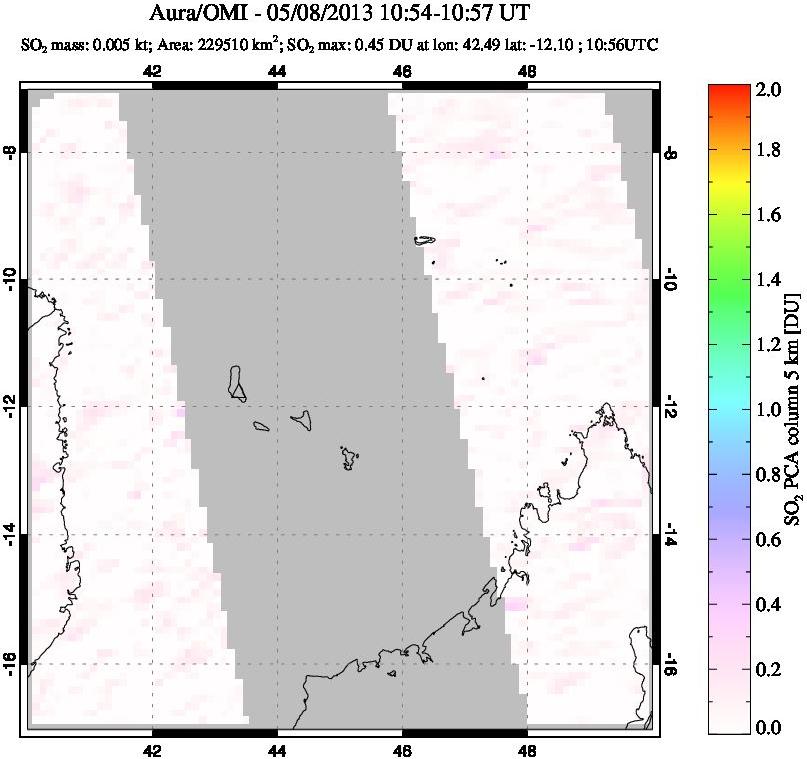 A sulfur dioxide image over Comoro Islands on May 08, 2013.
