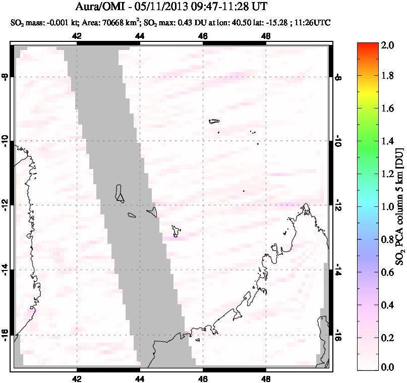A sulfur dioxide image over Comoro Islands on May 11, 2013.