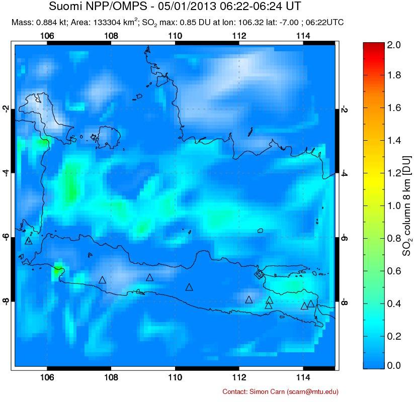 A sulfur dioxide image over Java, Indonesia on May 01, 2013.