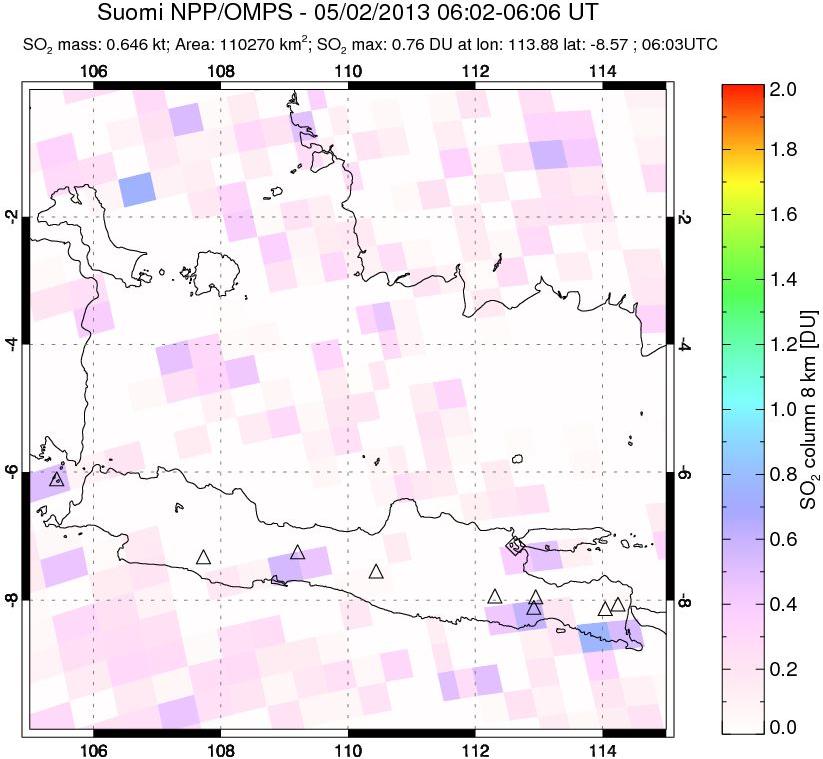 A sulfur dioxide image over Java, Indonesia on May 02, 2013.
