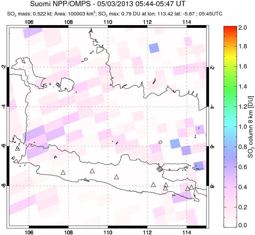 A sulfur dioxide image over Java, Indonesia on May 03, 2013.