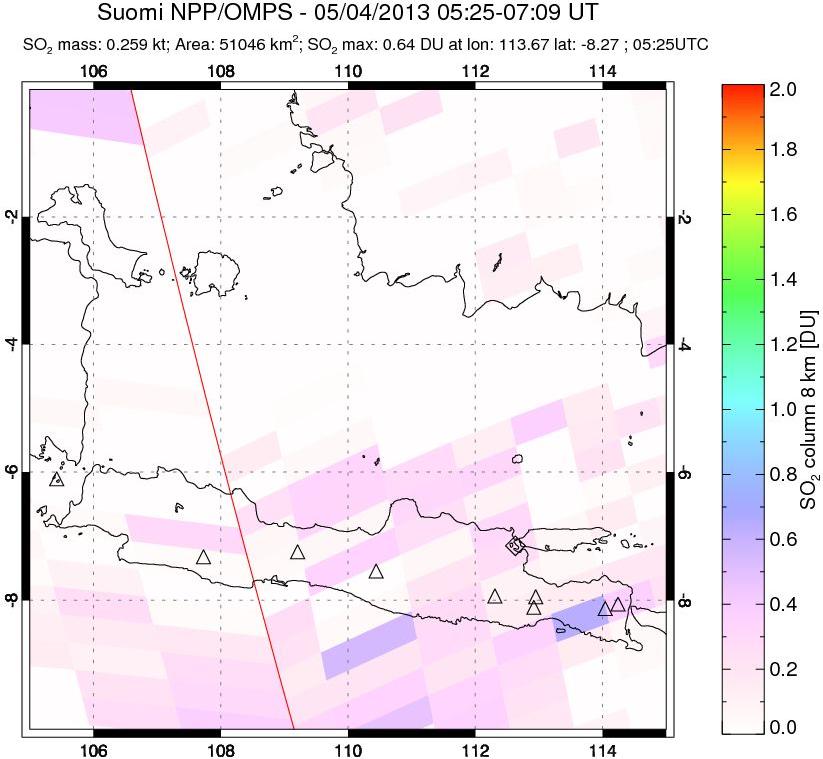 A sulfur dioxide image over Java, Indonesia on May 04, 2013.