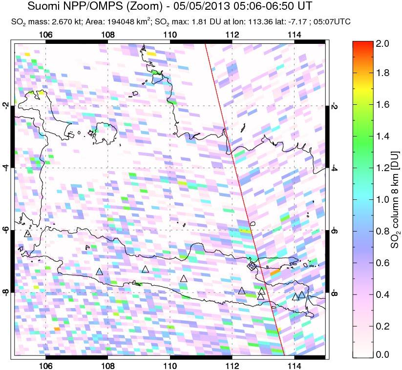 A sulfur dioxide image over Java, Indonesia on May 05, 2013.