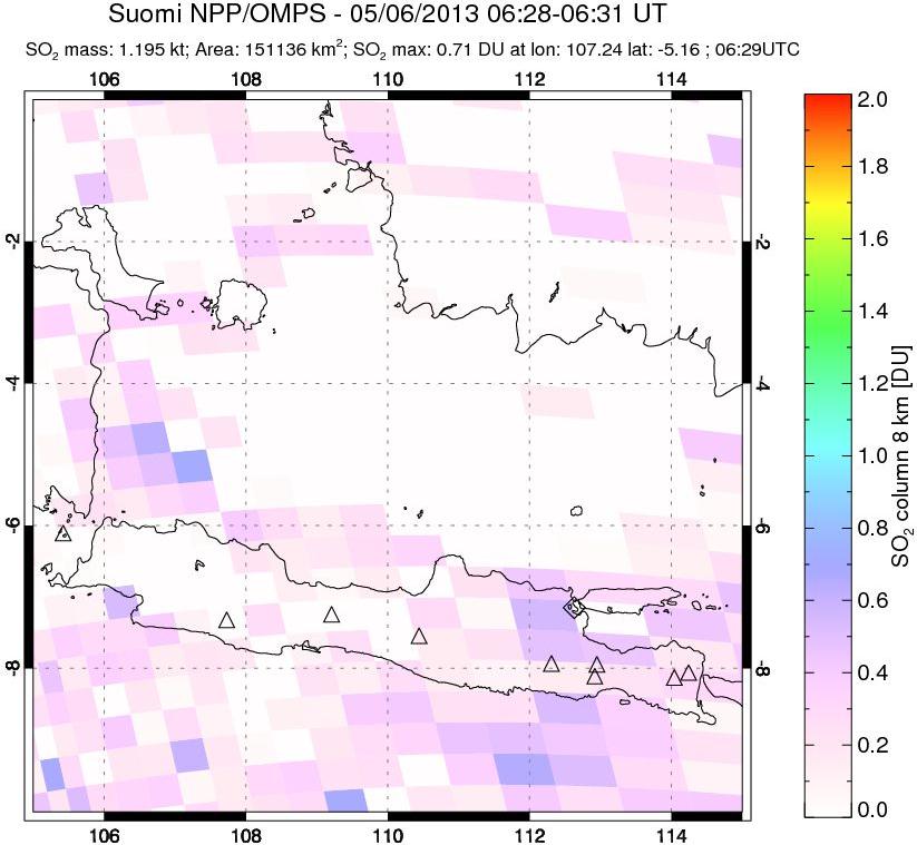 A sulfur dioxide image over Java, Indonesia on May 06, 2013.