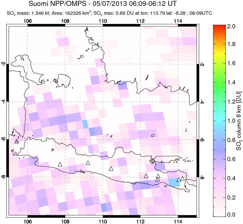 A sulfur dioxide image over Java, Indonesia on May 07, 2013.
