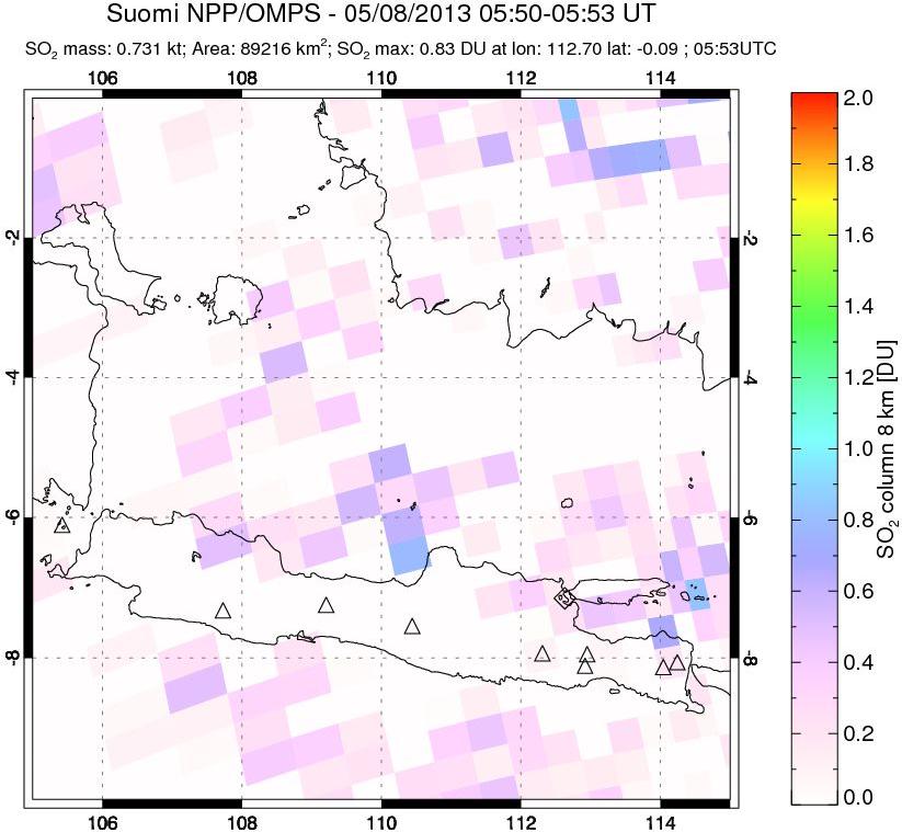 A sulfur dioxide image over Java, Indonesia on May 08, 2013.