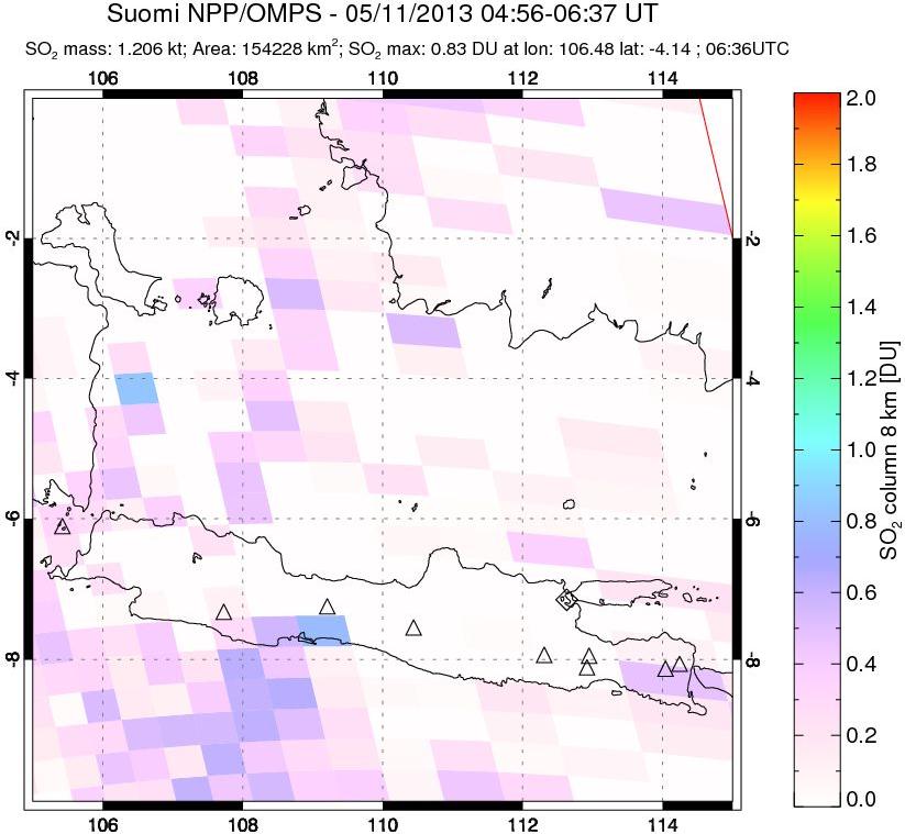 A sulfur dioxide image over Java, Indonesia on May 11, 2013.
