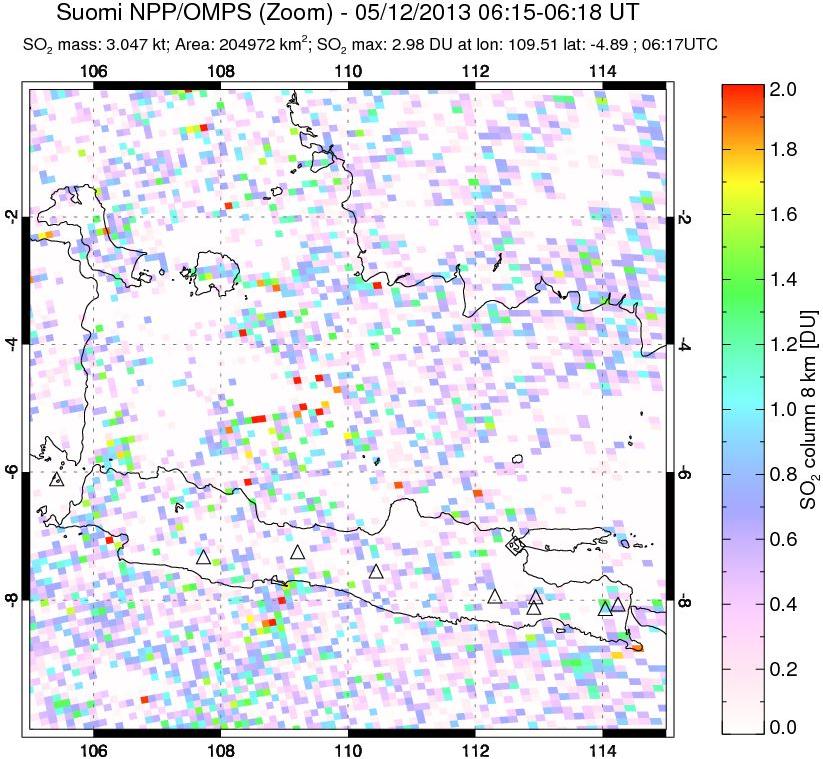 A sulfur dioxide image over Java, Indonesia on May 12, 2013.