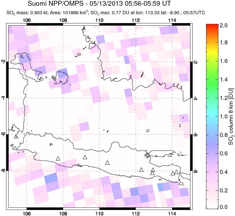 A sulfur dioxide image over Java, Indonesia on May 13, 2013.