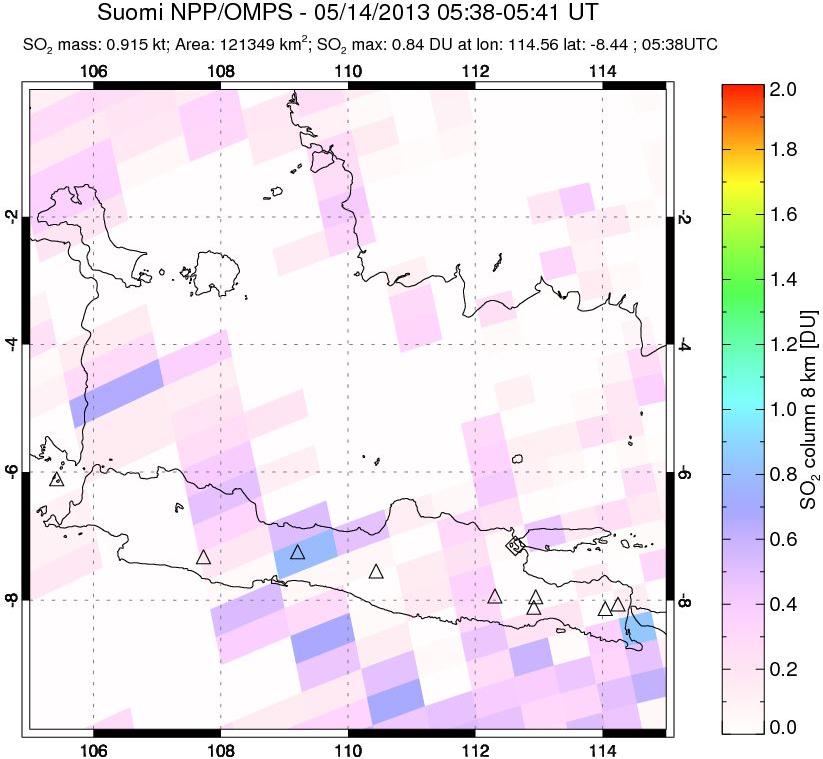 A sulfur dioxide image over Java, Indonesia on May 14, 2013.