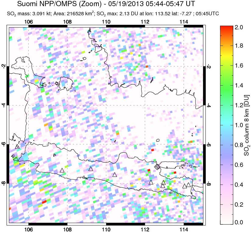 A sulfur dioxide image over Java, Indonesia on May 19, 2013.