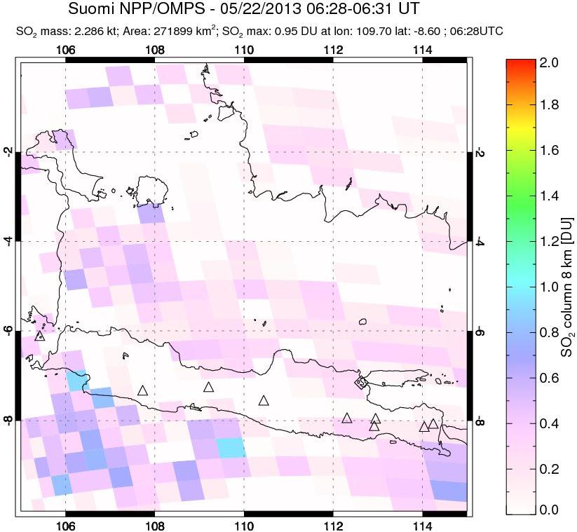 A sulfur dioxide image over Java, Indonesia on May 22, 2013.