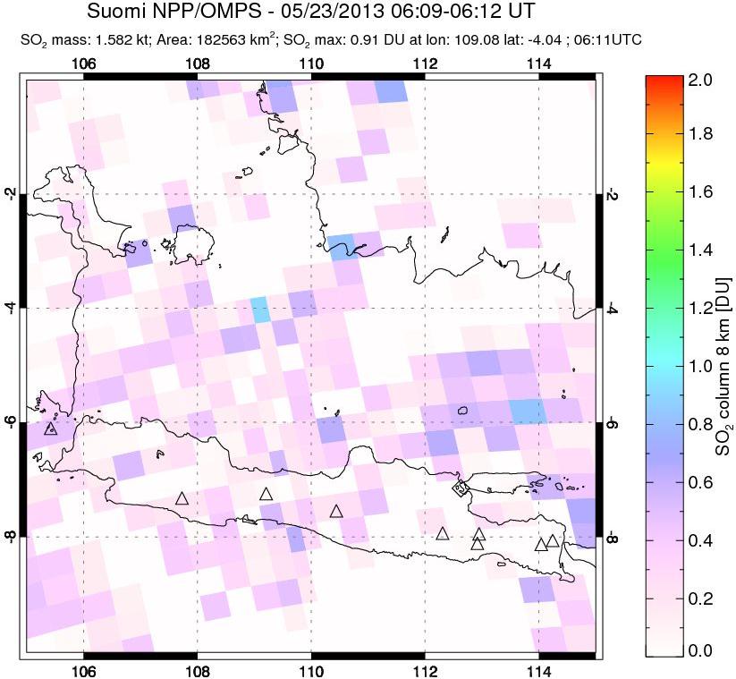 A sulfur dioxide image over Java, Indonesia on May 23, 2013.