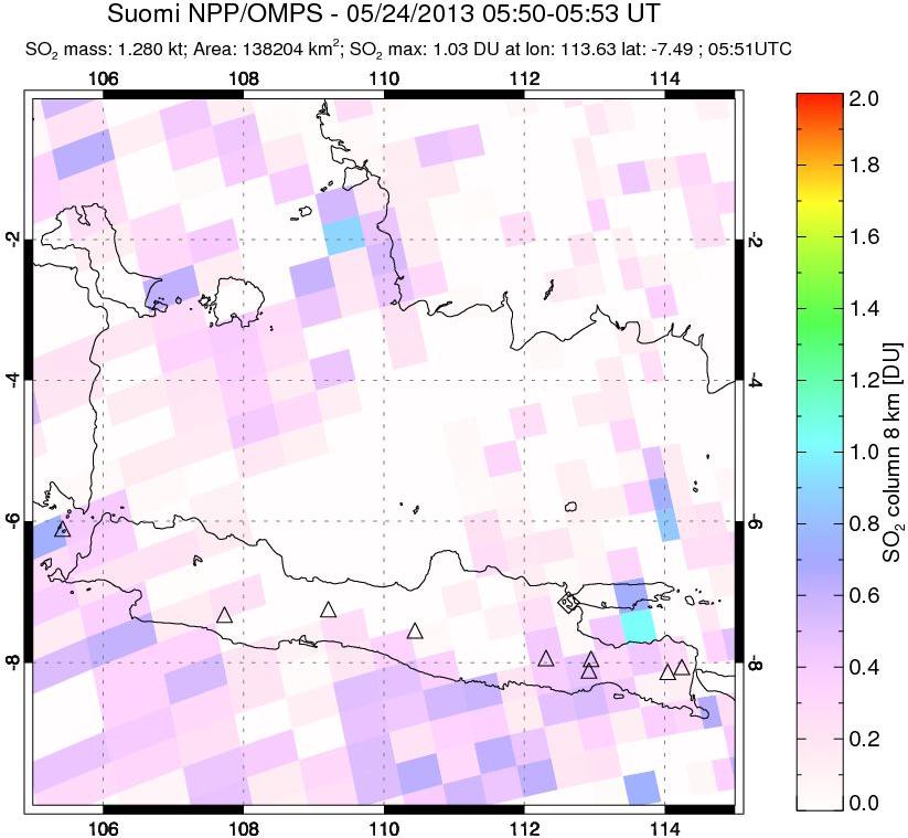 A sulfur dioxide image over Java, Indonesia on May 24, 2013.