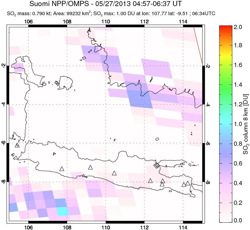 A sulfur dioxide image over Java, Indonesia on May 27, 2013.