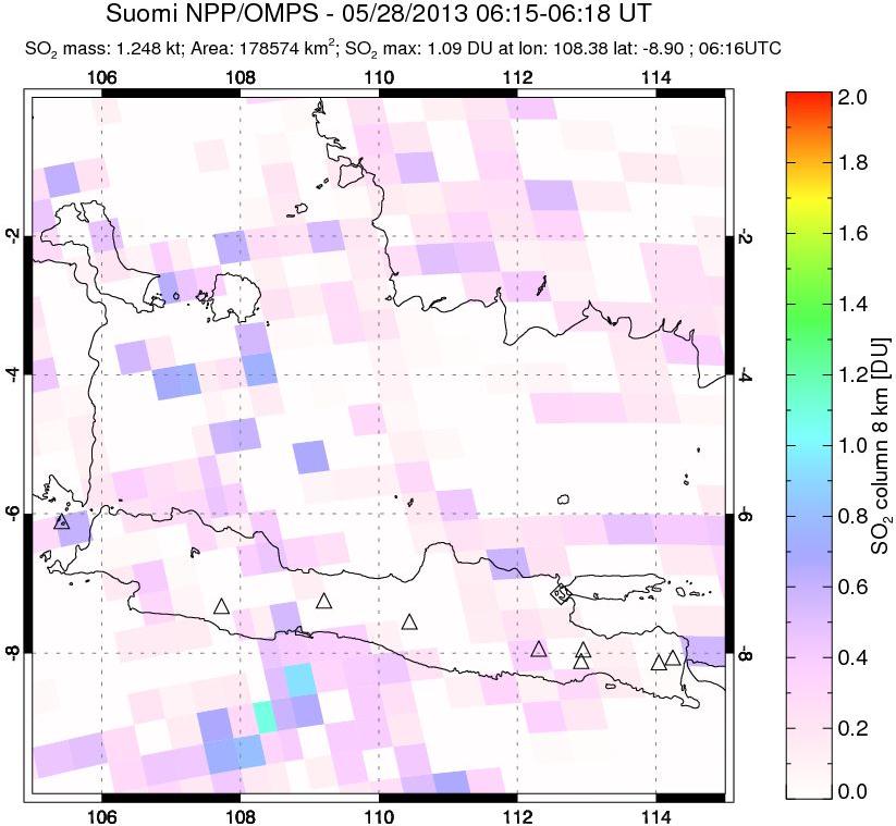 A sulfur dioxide image over Java, Indonesia on May 28, 2013.