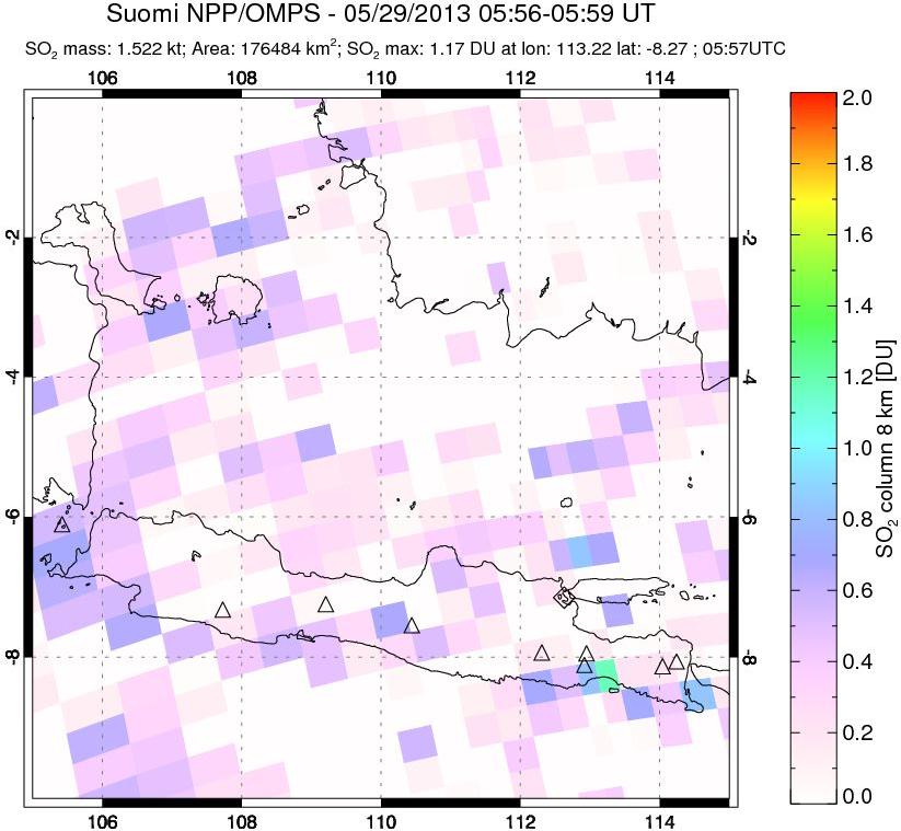 A sulfur dioxide image over Java, Indonesia on May 29, 2013.