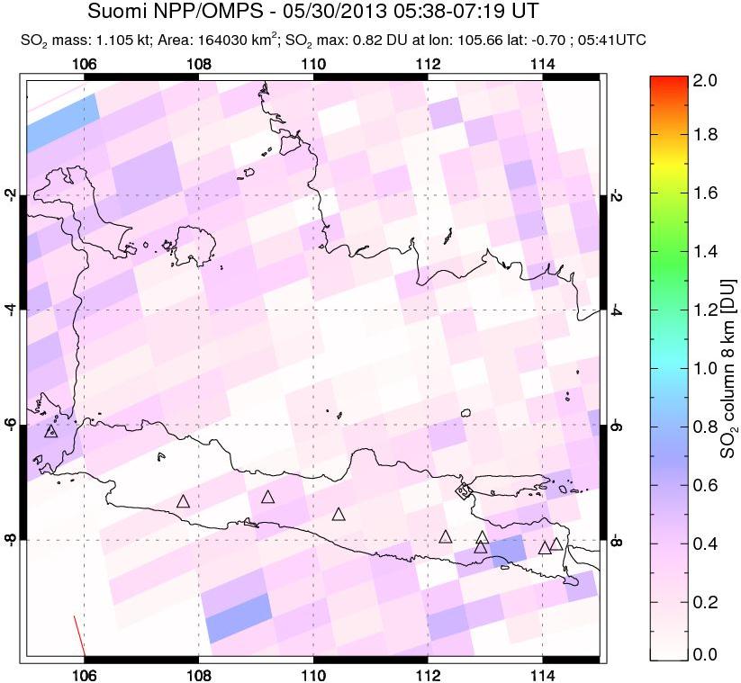 A sulfur dioxide image over Java, Indonesia on May 30, 2013.