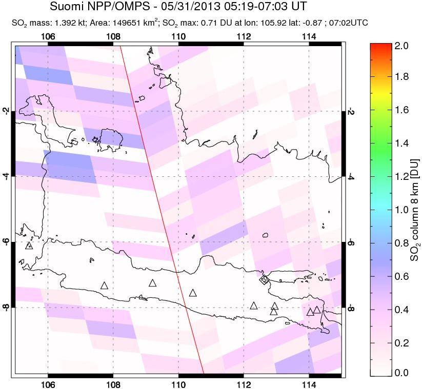 A sulfur dioxide image over Java, Indonesia on May 31, 2013.