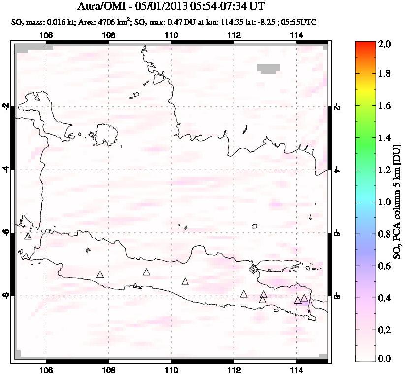A sulfur dioxide image over Java, Indonesia on May 01, 2013.