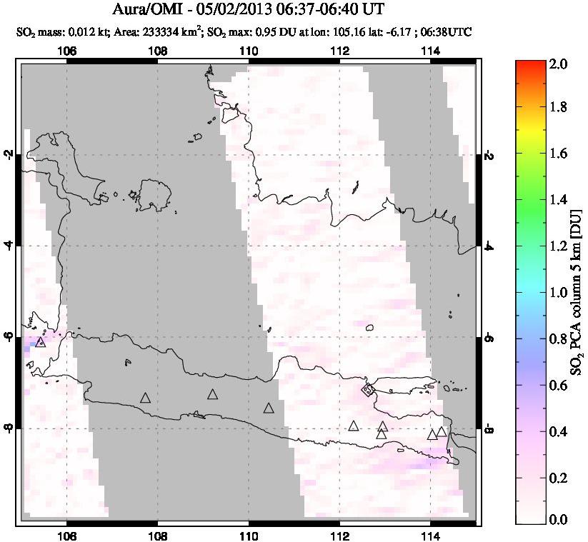 A sulfur dioxide image over Java, Indonesia on May 02, 2013.