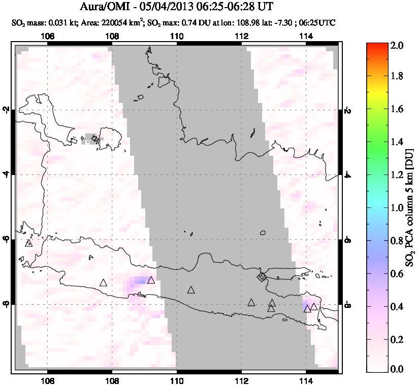 A sulfur dioxide image over Java, Indonesia on May 04, 2013.