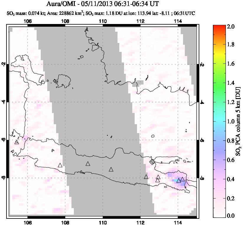 A sulfur dioxide image over Java, Indonesia on May 11, 2013.