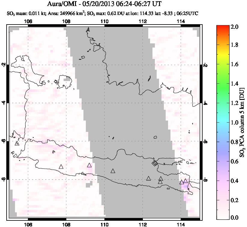 A sulfur dioxide image over Java, Indonesia on May 20, 2013.