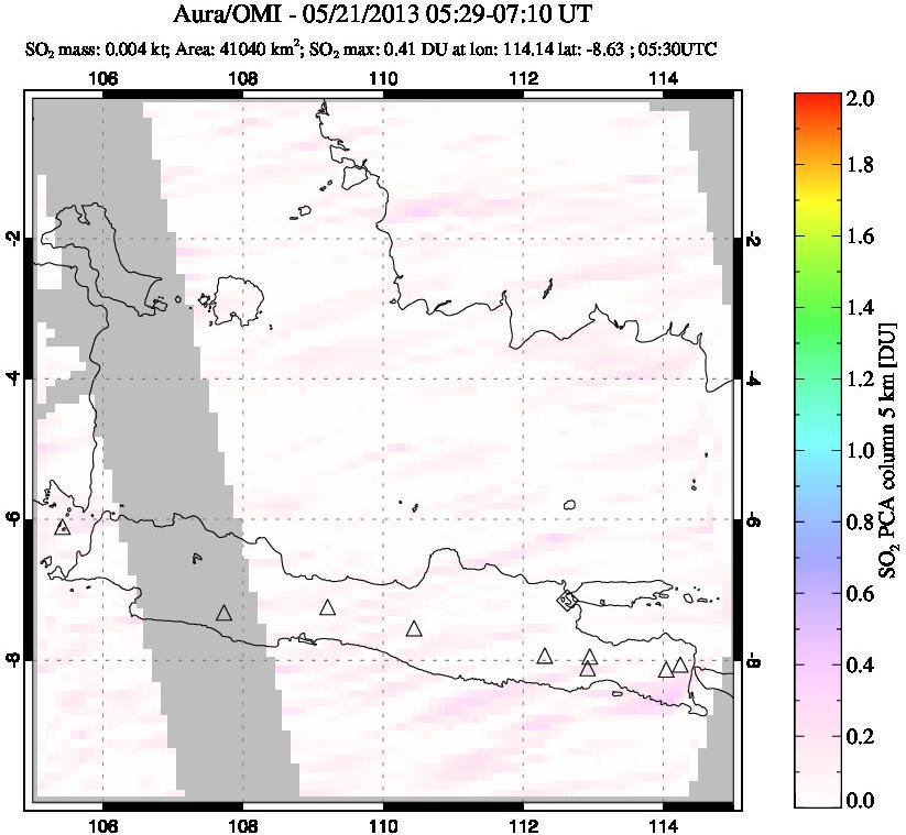 A sulfur dioxide image over Java, Indonesia on May 21, 2013.