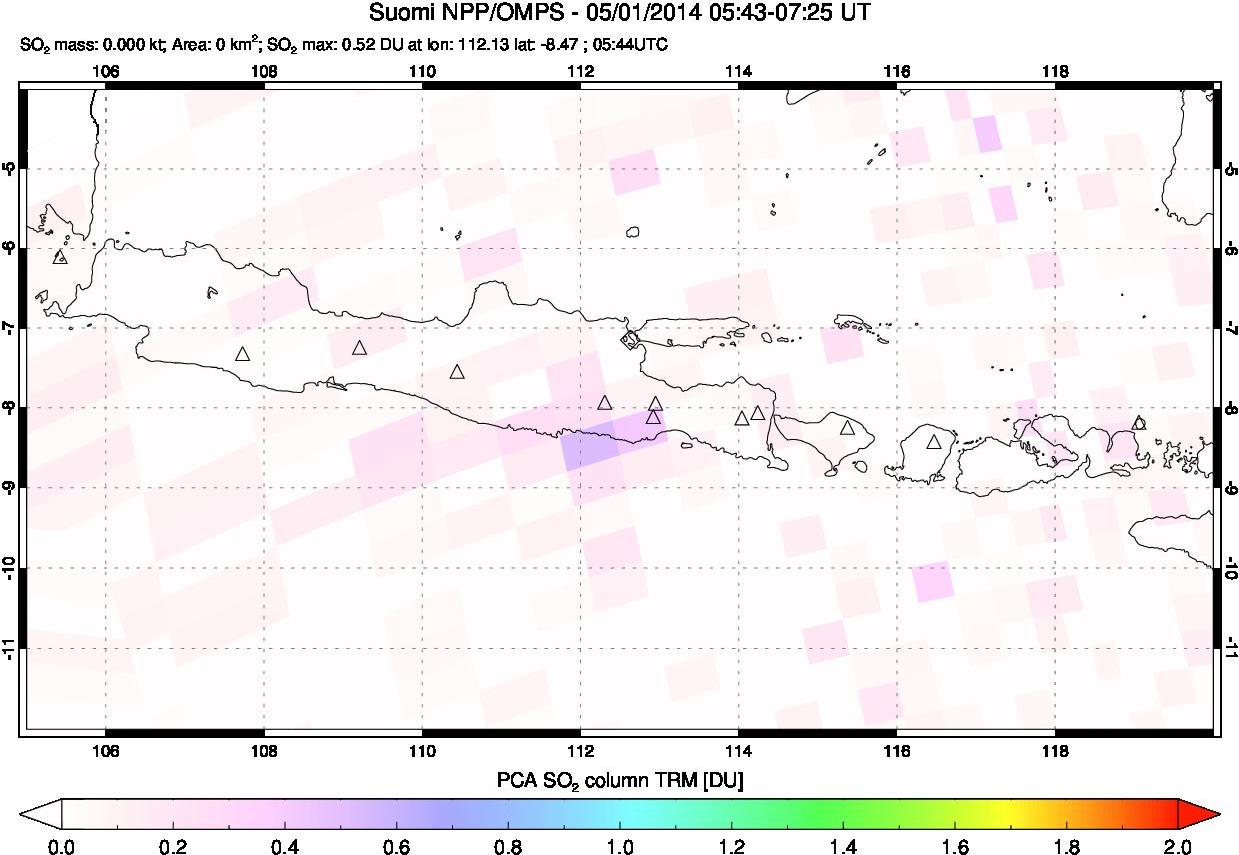 A sulfur dioxide image over Java, Indonesia on May 01, 2014.