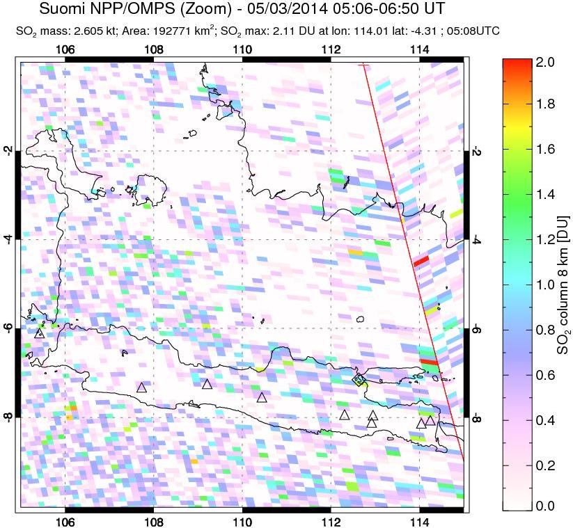 A sulfur dioxide image over Java, Indonesia on May 03, 2014.