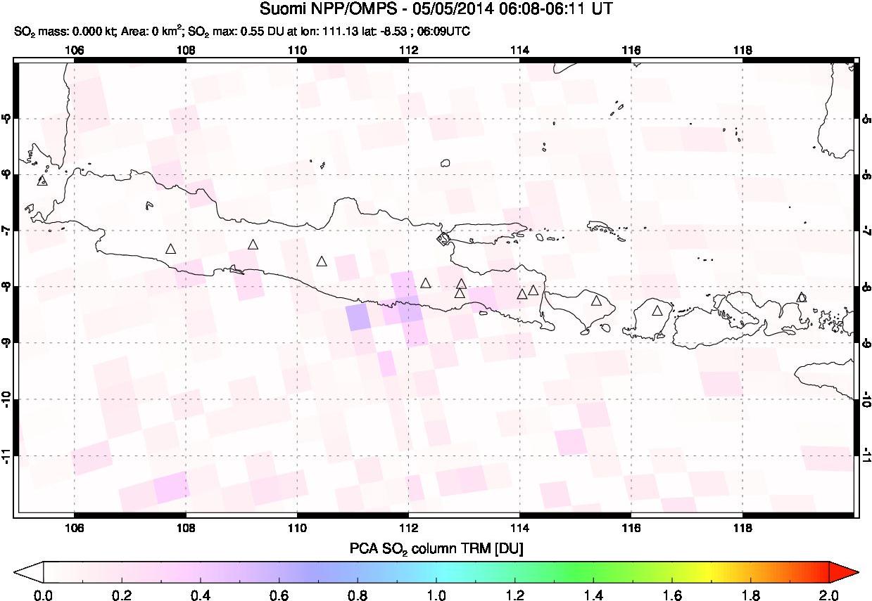 A sulfur dioxide image over Java, Indonesia on May 05, 2014.